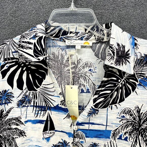 C&C California Top womens Large Blue crop front tie button beach Hawaiian Blouse - Picture 3 of 16